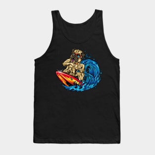 Funny Surfing Pug Riding an Ocean Wave Dog Surfboard Tank Top